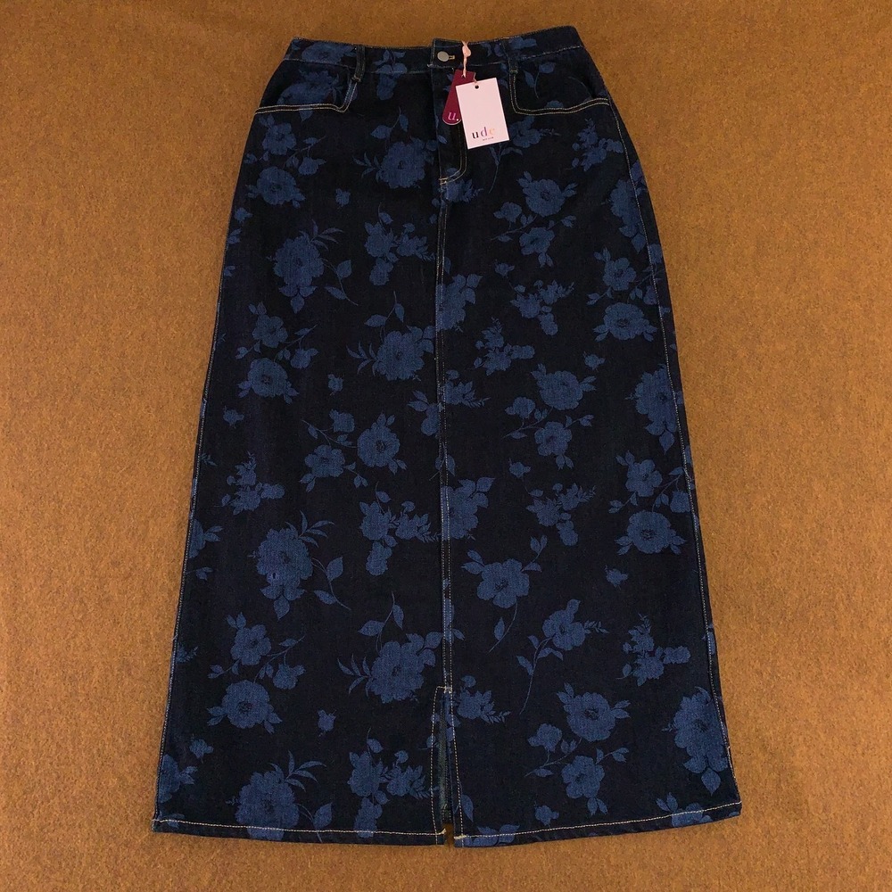 Udel Womens Size Medium Dark Blue Floral Print Denim Front Slit Midi Skirt NWT